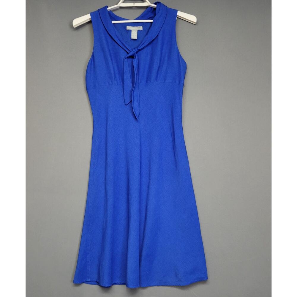 Marconi Sheath Linen Blend Dress Womens 12 Blue Midi Tie Sleeveless Side Zip